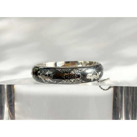 Siam Sterling Silver 925 Hand Carved Hinged Enclosure Vintage Bangle Bracelet - Picture 4 of 16